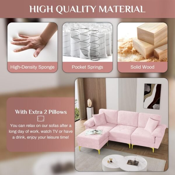 OUYESSIR L Shaped Sectional Sofa Couch, 3 Seat Velvet Sofa with Ottoman and Pillows, Upholstered Comfy Couch Sleeper for Living Room, Bedroom, 88 inches (Pink) - Image 4