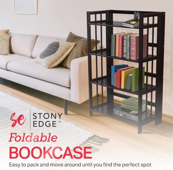 4-Tier Folding Bookshelf | Espresso Wood Finish | 45x32x11.5 Inches | Book Shelf for Books and Trinkets | No Assembly Required | Foldable & Small Bookshelf for Home and Office - Image 2