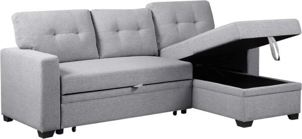 MMTGO Corner Pull Out Sleeper Sofa, with Storage Chaise and Arms, L-Shape Reversible Linen Sectional-Couch for Apartment, Living Room, Home Furniture, 82, Light Gray - Image 6