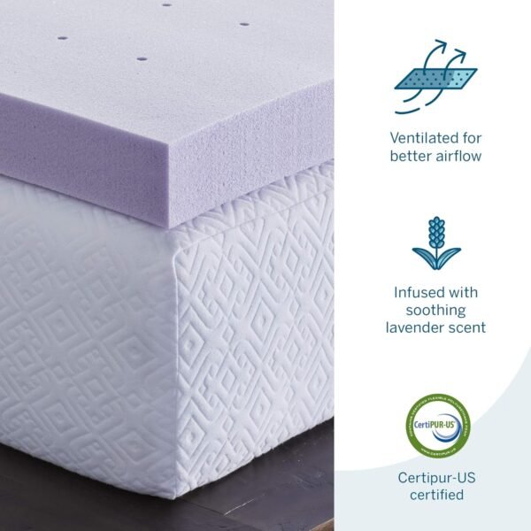 LUCID 4 Inch Lavender Infused Memory Foam Mattress Topper - Ventilated Design - Queen Size - Image 2