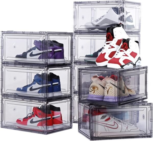 12 Pack Shoe Boxes, Clear Acrylic Plastic Shoe Boxes Stackable, Space-Saving Foldable Drop Front Shoe Storage Boxes Container for With Lids Fits Up to Size 15 (Black) - Image 6