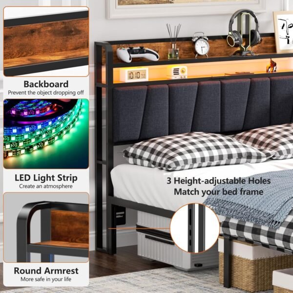 Furnulem Full Size Headboard Storage 2 Tier Headboard with USB Ports for Dorm LED Light College Headboard Shelf Height Adjustable Modern Style Headboard with Charging Station Black - Image 9