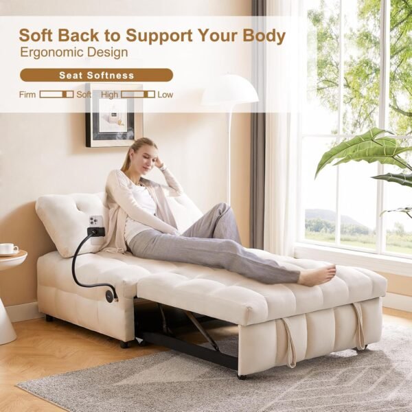 48" Pull Out Sofa Bed, Modern Convertible Sofa Bed Couch with Removale Back, Velvet Cloud Sofa with USB Port and Swivel Phone Stand, Suitable for Living Room, Apartment, Small Place - Beige - Image 6
