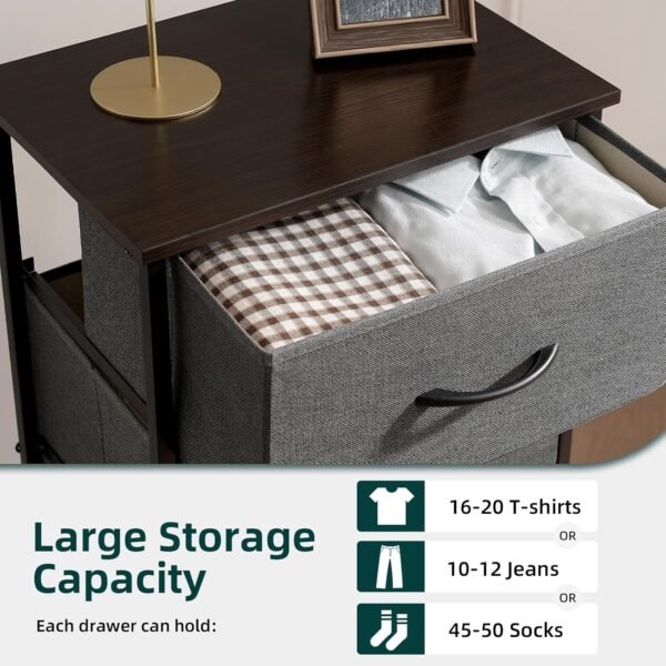 Somdot Nightstand with 2 Drawers, Bedside Table Small Dresser with Removable Fabric Bins for Bedroom Nursery Closet Living Room - Sturdy Steel Frame, Wood Top, Pull Handle - Charcoal Grey - Image 5