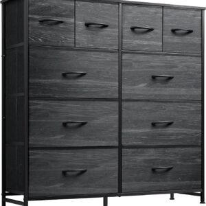 WLIVE Fabric Dresser for Bedroom, Storage Drawer Unit,Dresser with 10 Deep Drawers for Office, College Dorm, Charcoal Black Wood Grain Print