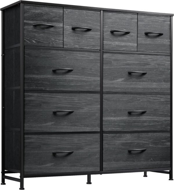 WLIVE Fabric Dresser for Bedroom, Storage Drawer Unit,Dresser with 10 Deep Drawers for Office, College Dorm, Charcoal Black Wood Grain Print