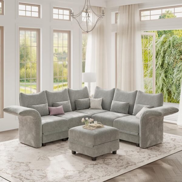 LLappuil L Shaped Modular Sectional Sofa 6 Seater Sectional Couch with Storage Chaise, Deep Sectional Sofas for Living Room with Adjustable Armrest/Backrest, Chenille, Grey - Image 2