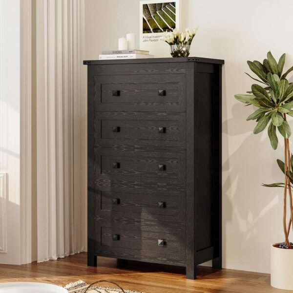 Black Dresser for Bedroom, Vertical 5 Drawer Dresser, Tall Wood Dresser Storage Organizer, Modern Narrow Slim Nightstand Bedside Table of Drawers for Hallway, Living Room, Dorm, Entryway - Image 3