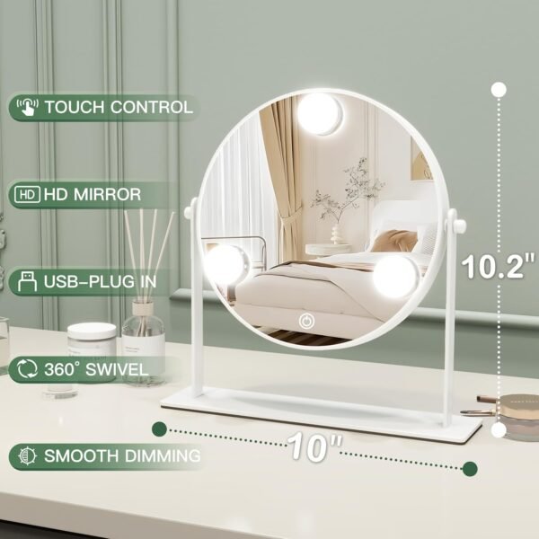 10"x10" Lighted Makeup Mirror, Hollywood Vanity Mirror with 3 Dimmable LED Bulbs, Dimmable Touch Screen, Light up Mirror, Portable Travel Mirror, 360° Rotation, White - Image 2