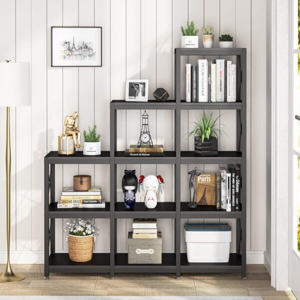 Tribesigns 12 Shelves Bookshelf, Industrial Ladder Corner Bookshelf 9 Cubes Stepped Etagere Bookcase, Rustic 5-Tier Display Shelf Storage Organizer for Home Office (Black) - Image 3