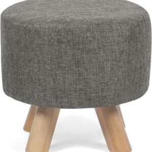 Modern Round Ottoman Foot Rest Stool/Seat Pouf Ottoman with Linen Fabric and Non-Skid Wooden Legs (Grey)