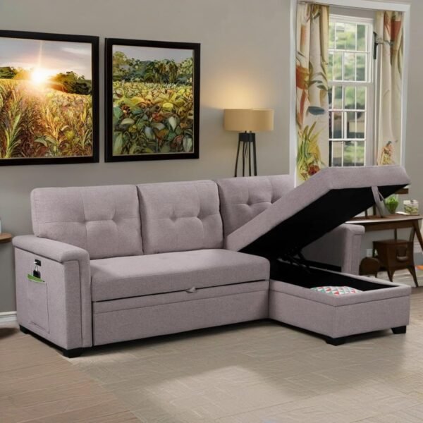 RITSU Linen 84" Reversible Sleeper Sectional Sofa with Storage Chaise and USB Charging Ports，Convertible Sectional Sofa w/Cell Phone Pocket & Magazine Pouch，for Living Room, Apartment - Image 3