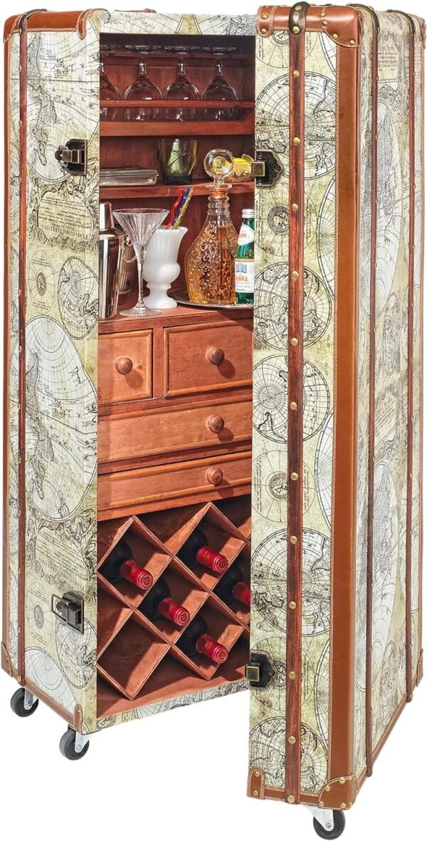 Design Toscano Italian-Style World Map Cocktail Bar Steamer Trunk, 49.5 Inch, full color - Image 3