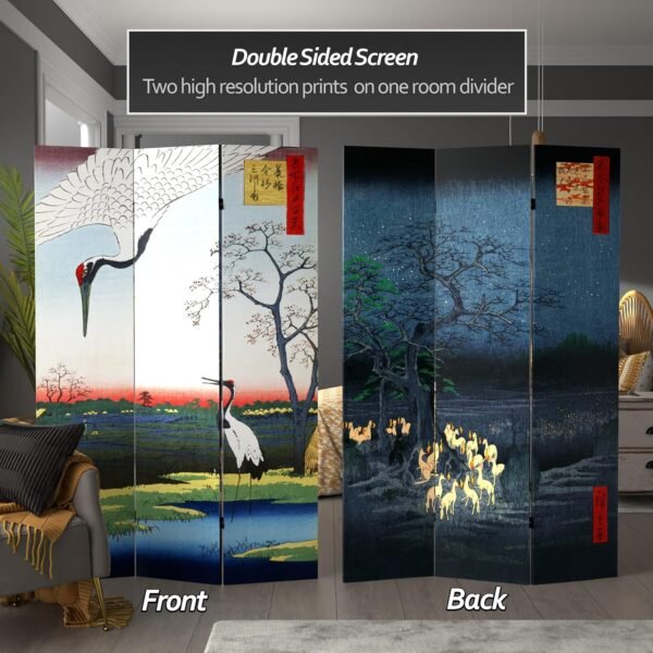 Oriental Furniture 6 ft. Tall Double Sided Hiroshige Room Divider - Cranes/Fox Fire - Image 2