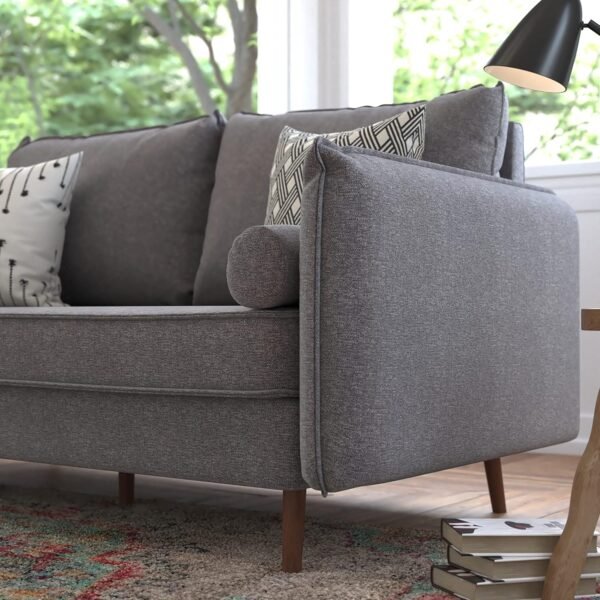 Flash Furniture Evie Mid-Century Modern Sofa - Stone Gray Faux Linen Fabric Upholstery - Real Wood Frame and Legs - Image 3
