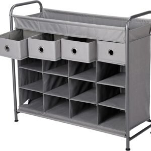 BIRDROCK HOME 16 Cubby Shoe Rack Organizer with 4 Drawers – Grey – Free Standing Cabinet for Closet – Sturdy Metal Frame – Space Saver – Bedroom Organization