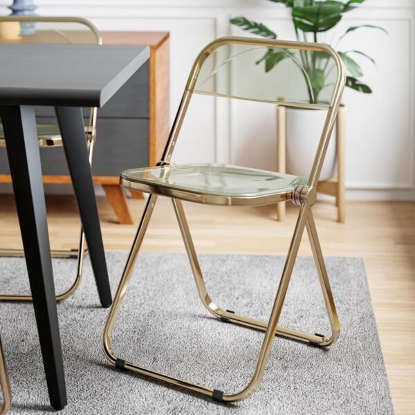 LeisureMod Lawrence Modern Transparent Acrylic Folding Chair with Gold Metal Frame Set of 2 (Amber) - Image 7