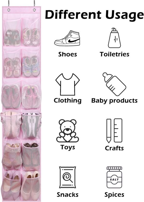 MISSLO Over The Door Shoe Organizer 12 Large Mesh Pockets, White + Pink - Image 5