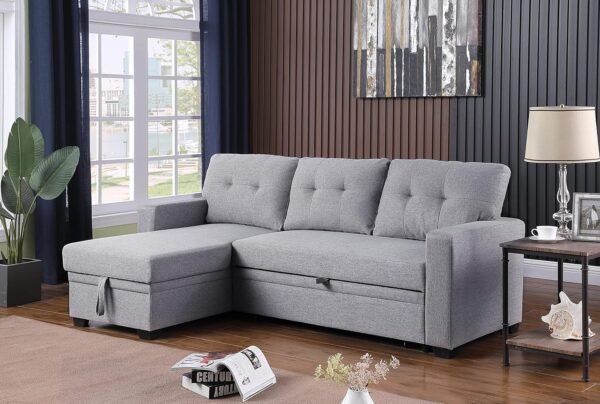 RITSU Button Tufted Sectional L-Shape Pull Up Convertible Sleeper Sofa Bed with Storage Chaise for Living Room, Small Apartment, Dorm, 82 Inch, A4-Light Gray - Image 3