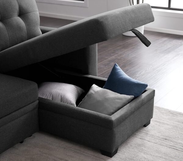 RITSU Button Tufted Sectional L-Shape Pull Up Convertible Sleeper Sofa Bed with Storage Chaise for Living Room, Small Apartment, Dorm, 82 Inch, A6-Dark Gray - Image 3
