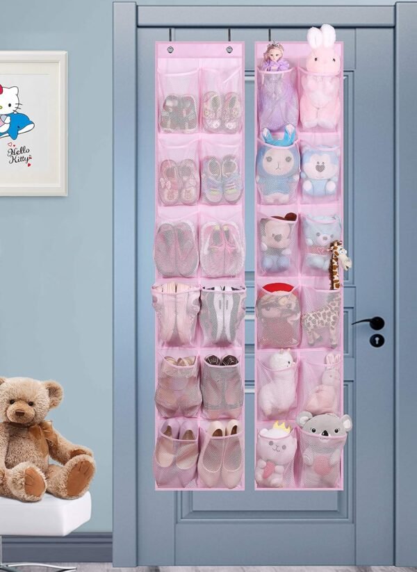 MISSLO Over The Door Shoe Organizer 12 Large Mesh Pockets, White + Pink - Image 6