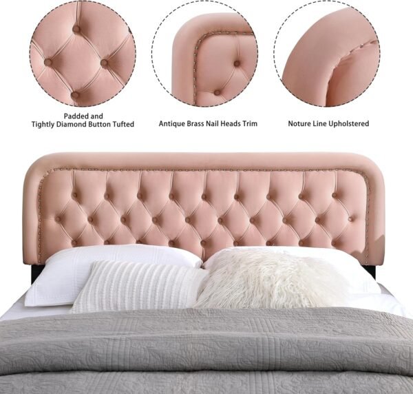 Tufted Upholstered King Size Headboard,Button Solid Wood HeadBoards with Adjustable Height,Modern Performance Velvet Bed Head Boards,Easy Install&Nailhead Decor-Pink - Image 3