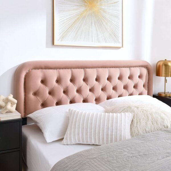 Tufted Upholstered King Size Headboard,Button Solid Wood HeadBoards with Adjustable Height,Modern Performance Velvet Bed Head Boards,Easy Install&Nailhead Decor-Pink