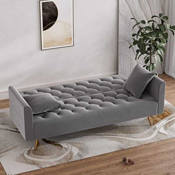 OUYESSIR Velvet Futon Sofa Bed with 2 Pillows, Convertible Futon Small Couch, 71 inch Sleeper Sofa for Bedroom Living Room, Grey - Image 7