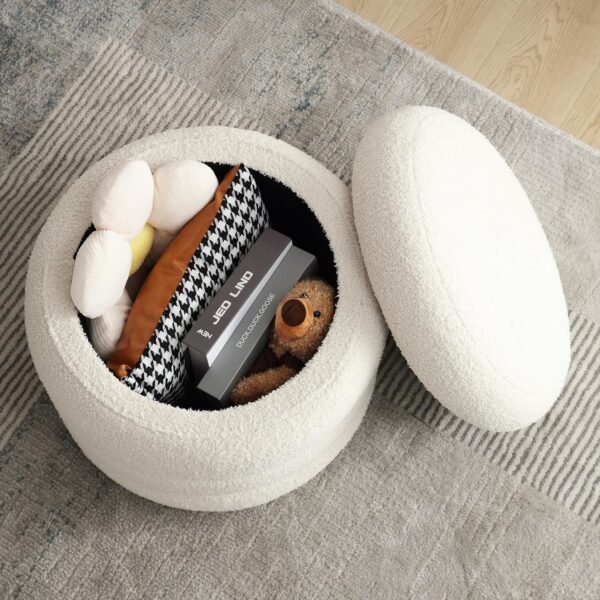 Round Boucle Ottoman with Storage for Dorm, Upholstered Storage Ottoman with Soft Padded Seat, Large Circle Ottoman with Removable Lid, Dorm Decor for College, Living Room, Bedroom, Off White - Image 3
