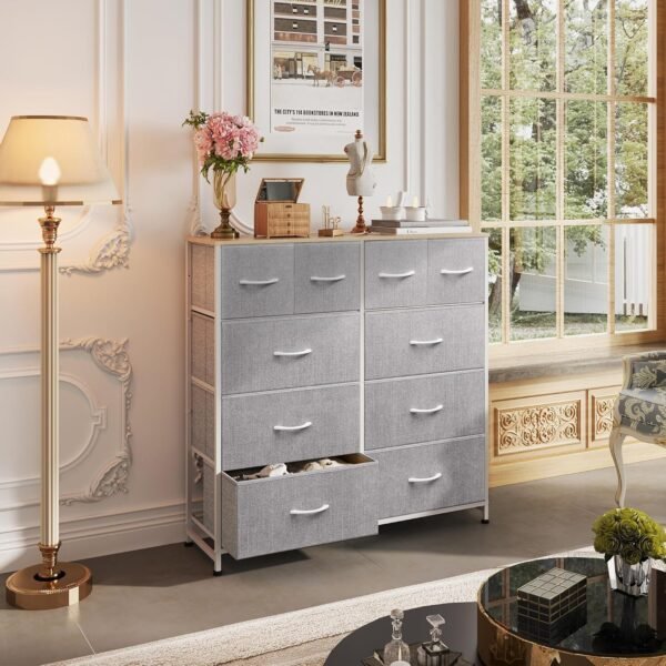 WLIVE Fabric Dresser for Bedroom, Dresser with 10 Drawers, Storage Tower with Fabric Bins, Double Dresser, Chest of Drawers for Closet, Living Room, Hallway, Light Grey - Image 4
