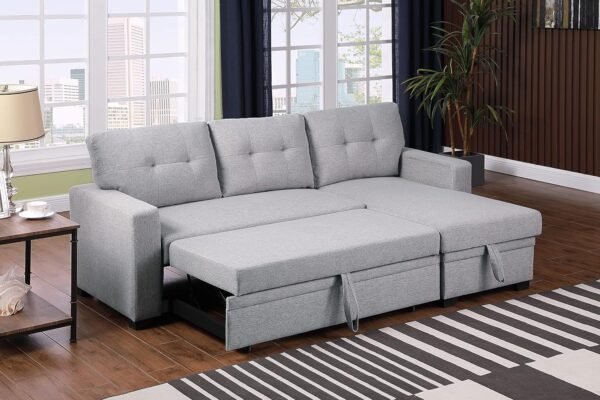 RITSU Button Tufted Sectional L-Shape Pull Up Convertible Sleeper Sofa Bed with Storage Chaise for Living Room, Small Apartment, Dorm, 82 Inch, A4-Light Gray - Image 2