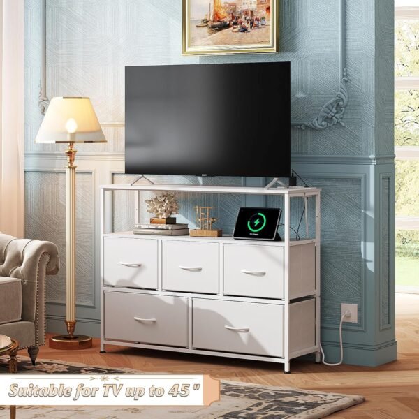 WLIVE White Dresser for Bedroom with 5 Fabric Drawers, Entertainment Center with Open Shelf and Power Outlet for 45 inch TV, Dresser TV Stand with Storage for Closet, Hallway, College Dorm - Image 2