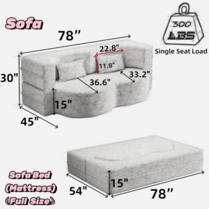 Modern Floor Sofa with 2 Pillows,Convertible Teddy Fabric Foam-Filled Sleeper Sofa Bed,15″ Full Size Folding Mattress for Living Room, Guest Bed, Playroom,no assembly required (Pink@091)