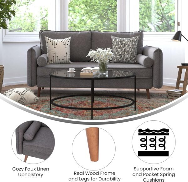 Flash Furniture Evie Mid-Century Modern Sofa - Stone Gray Faux Linen Fabric Upholstery - Real Wood Frame and Legs - Image 6