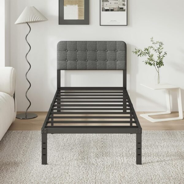 Twin Bed Frames with Upholstery Headboard, 14 Inch Twin Bed Frame No Box Spring Needed Support Up to 2500 lbs, Noise Free, Easy Assembely, Grey - Image 2