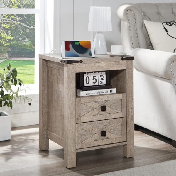 Nightstand with Charging Station, 2 Drawers End Table, 18" Wood Side Table, Farmhouse Bedside Table with Storage Shelf, Bedroom Organizer, Living Room, Entryway, Hallway, Light Rustic Grey Oak - Image 7
