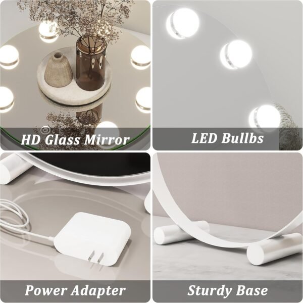 Vierose Vanity Mirror with Lights, Hollywood Mirror with Lights & 7 LED Dimmable Bulbs, 12-inch Makeup Mirror with Smart Touch Control & 3 Color Lighting, 360° Rotation for Bedroom (White) - Image 4