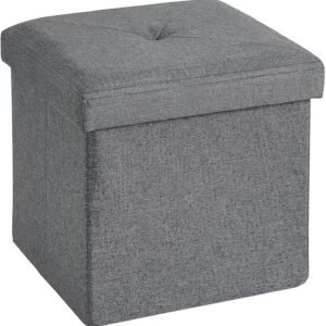 VECELO Storage Ottoman, 11.8” Folding Footstools, Multipurpose Foot Rest Stool, Foldable Linen Fabric Ottomans, Small Square Ottoman Cube for Living Room/Bed Room/Dorm, Dark Grey