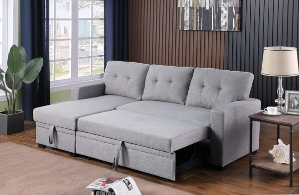 RITSU Button Tufted Sectional L-Shape Pull Up Convertible Sleeper Sofa Bed with Storage Chaise for Living Room, Small Apartment, Dorm, 82 Inch, A4-Light Gray - Image 4