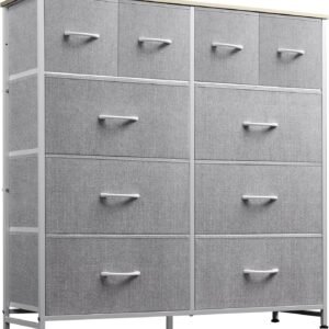WLIVE Fabric Dresser for Bedroom, Dresser with 10 Drawers, Storage Tower with Fabric Bins, Double Dresser, Chest of Drawers for Closet, Living Room, Hallway, Light Grey