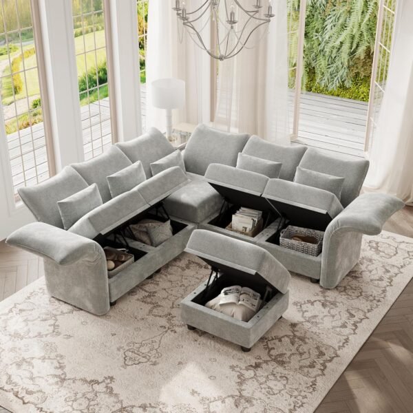 LLappuil L Shaped Modular Sectional Sofa 6 Seater Sectional Couch with Storage Chaise, Deep Sectional Sofas for Living Room with Adjustable Armrest/Backrest, Chenille, Grey - Image 4