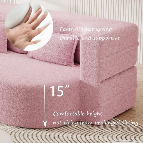 Folding Sofa Bed,15" Full Size Folding Mattress for Living Room,Convertible Teddy Fabric Foam-Filled Pocket Spring Sleeper Sofa Bed (Pink) - Image 3