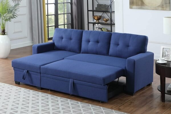 RITSU Button Tufted Sectional L-Shape Pull Up Convertible Sleeper Sofa Bed with Storage Chaise for Living Room, Small Apartment, Dorm, 82 Inch, A3-Blue