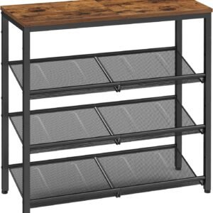 VASAGLE Shoe Rack for Entryway, 4 Tier Shoe Storage Shelves, 12-15 Pairs Shoe Organizer, with Sturdy Wooden Top and Steel Frame, Free Standing, Industrial, Rustic Brown and Ink Black ULBS040B01