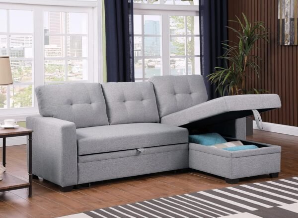 RITSU Button Tufted Sectional L-Shape Pull Up Convertible Sleeper Sofa Bed with Storage Chaise for Living Room, Small Apartment, Dorm, 82 Inch, A4-Light Gray