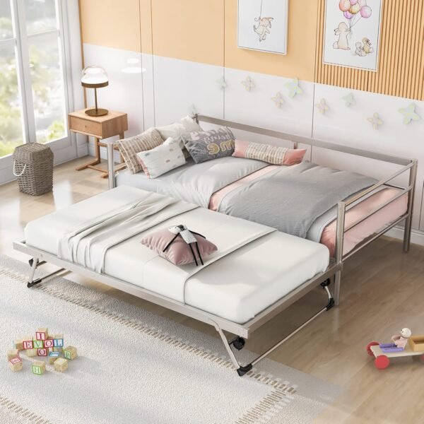Twin Size Daybed with Foldable Adjustable Trundle,Multi-Function Wooden Bed Frame,w/Solid Metal Slats Provide Stable Support,for Dorm,Apartment,Studio,Office,Silver - Image 4