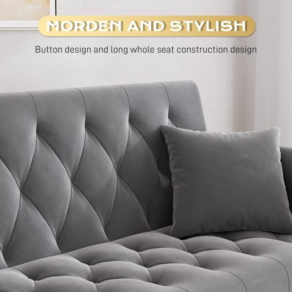 OUYESSIR Velvet Futon Sofa Bed with 2 Pillows, Convertible Futon Small Couch, 71 inch Sleeper Sofa for Bedroom Living Room, Grey - Image 4
