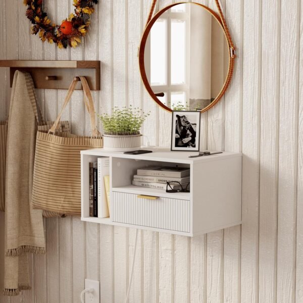 White Floating Nightstand with Charging Station and LED Lights,White - Image 6