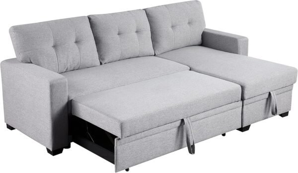 MMTGO Corner Pull Out Sleeper Sofa, with Storage Chaise and Arms, L-Shape Reversible Linen Sectional-Couch for Apartment, Living Room, Home Furniture, 82, Light Gray - Image 4