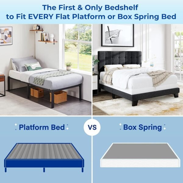 Premium Steel Bedside Shelf, Bed Shelf Organizer for Box Springs, Platform Bedframe Nightstand Bedside Shelf Tray for Kids, Couples, Modern Bedroom, w Cupholder, Hooks, Cable Organizer (Slide, White) - Image 2